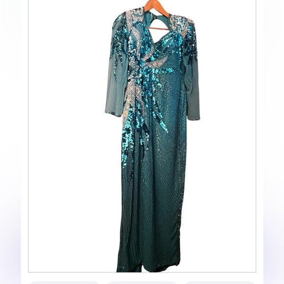 Demetrios Designs Turquoise 80s 90 Beaded Evening Gown Sz M Long Sleeve Cut Out - Picture 4 of 11